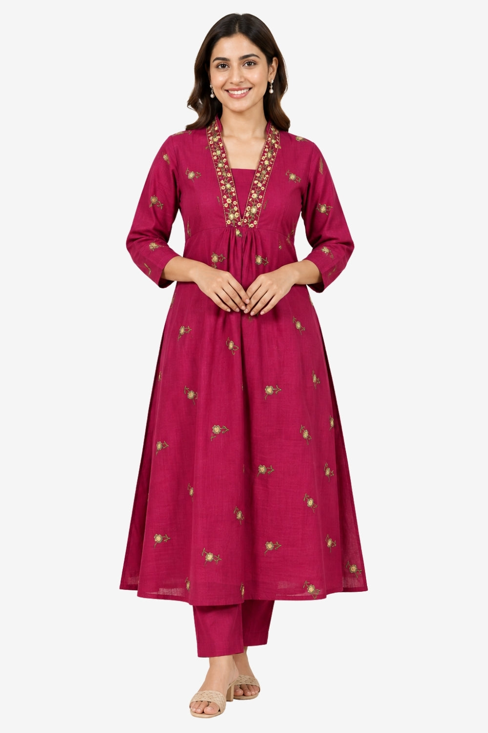 Women's Embroidery Cotton Blend Kurta Set with Square Neck Neckline and 3/4 Sleeve - Below Knee | Everyday Ethnic Wear Kurta Set for Office Wear, Daily Wear, Casual Outings, Festive Wear - 1060