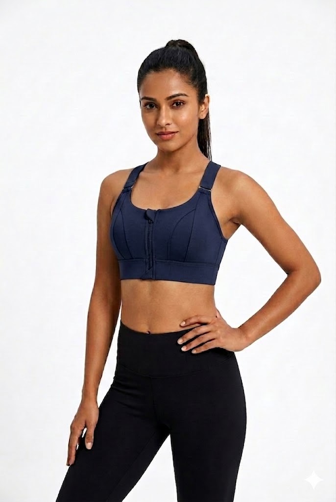 High Support Sports Bra for Women – Front Zip Adjustable Strap Workout Padded Bra with Velcro Straps & Underband | Gym, Running & Training Bra - 0839