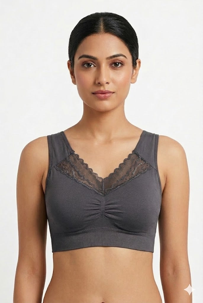 Seamless Lace Neck Bra for Women – Full Coverage Modal Padded Bra with Removable Pads | Wire-Free Pull-On Comfort Bra - 5812