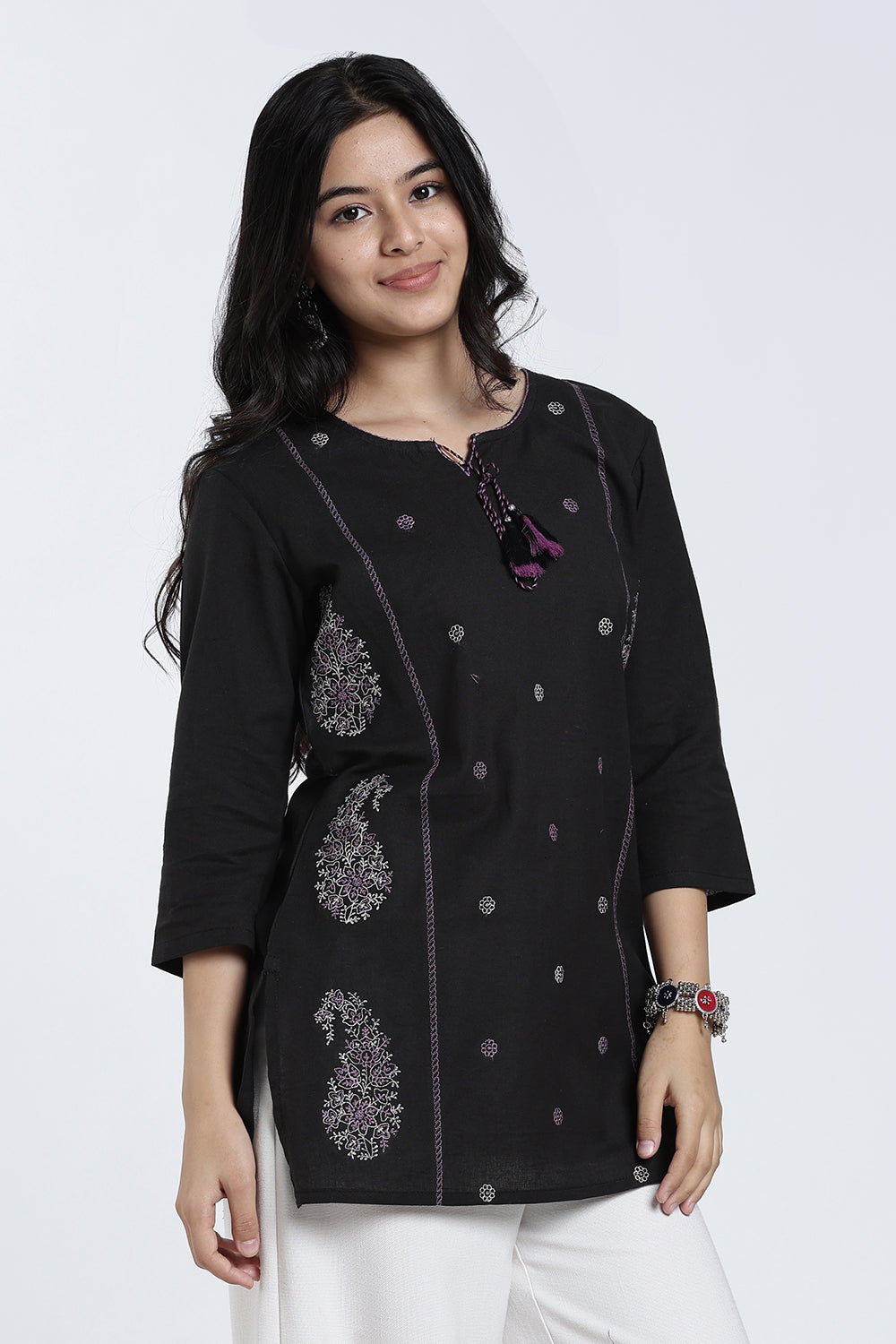 Mythri Women’s Cotton Paisley Embroidered Top – Casual 3/4 Sleeve Ethnic Short Top for Women - EX15