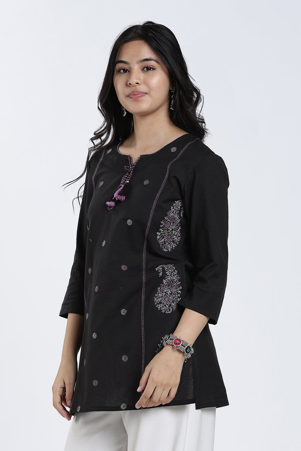 Mythri Women’s Cotton Paisley Embroidered Top – Casual 3/4 Sleeve Ethnic Short Top for Women - EX15