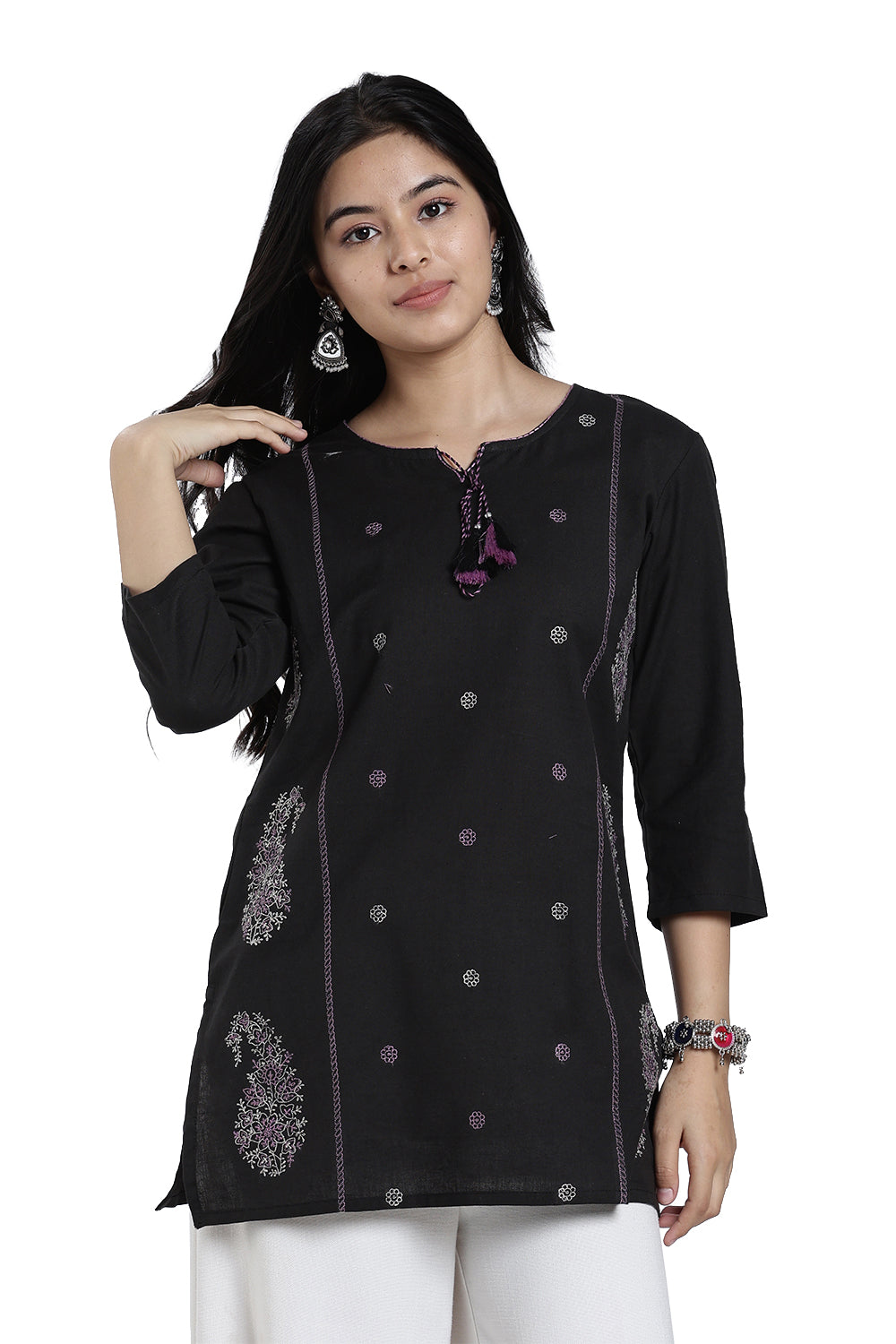 Mythri Women’s Cotton Paisley Embroidered Top – Casual 3/4 Sleeve Ethnic Short Top for Women - EX15