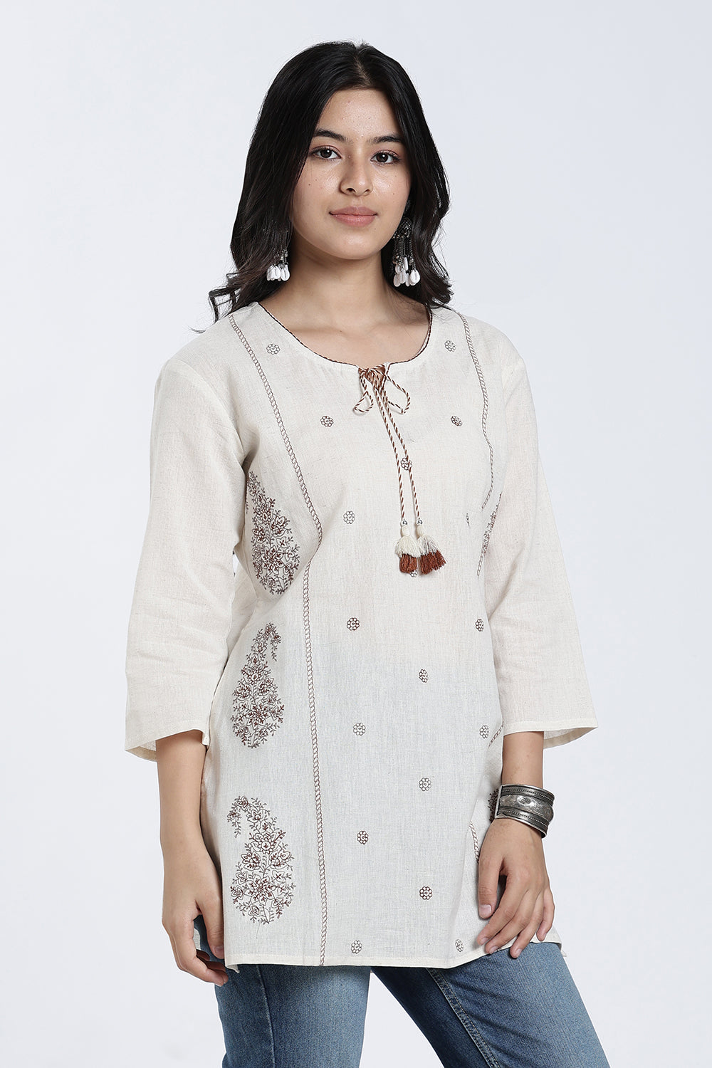Mythri Women’s Cotton Paisley Embroidered Top – Casual 3/4 Sleeve Ethnic Short Top for Women - EX15