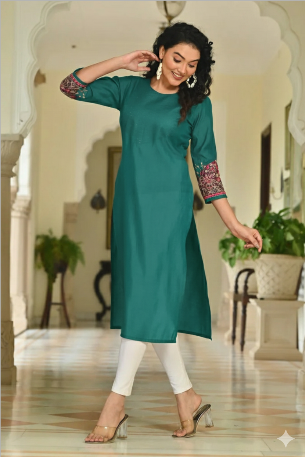 Women’s Cotton Blend Embroidered Kurthi with Round Neck and 3/4th Sleeves - Bottle Green - 267