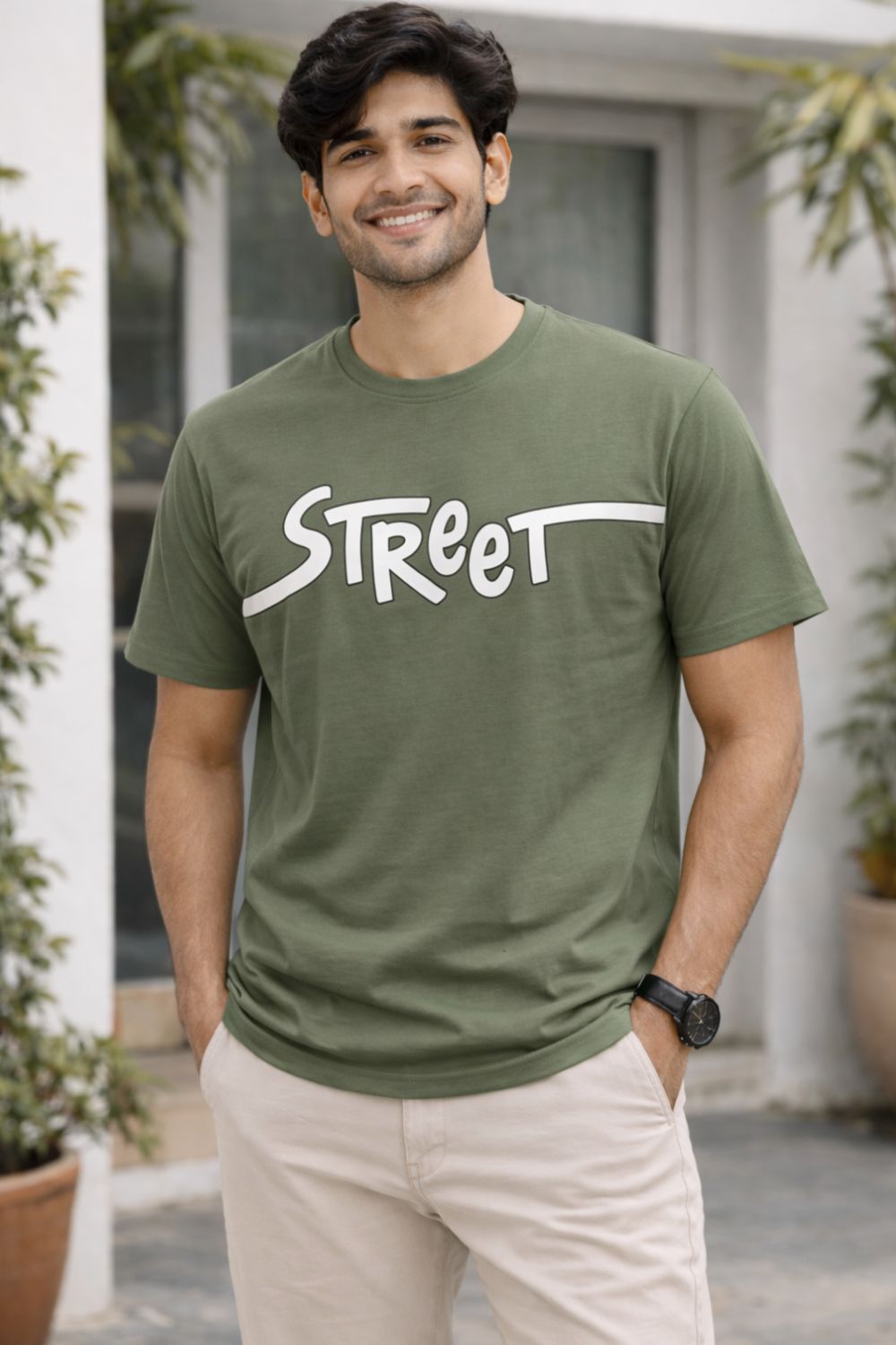 Enhance Men’s Cotton Graphic Printed Crew Neck T-Shirt | Street Style Round Neck Half Sleeve Everyday Wear - Olive - TG09