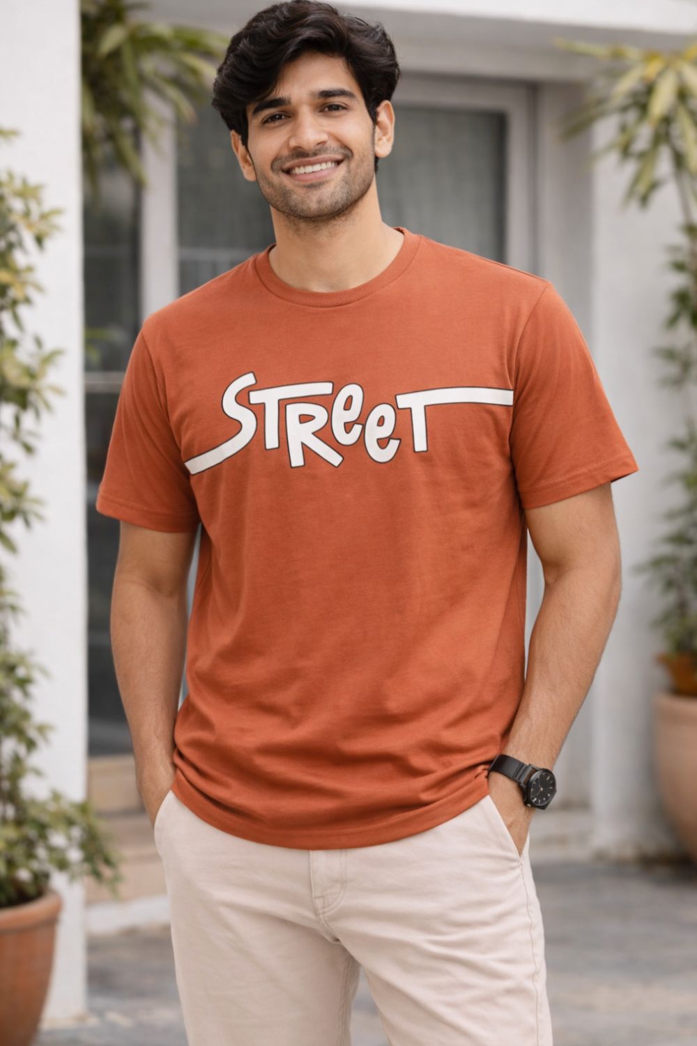 Enhance Men’s Cotton Graphic Printed Crew Neck T-Shirt | Street Style Round Neck Half Sleeve Everyday Wear - Brown - TG09