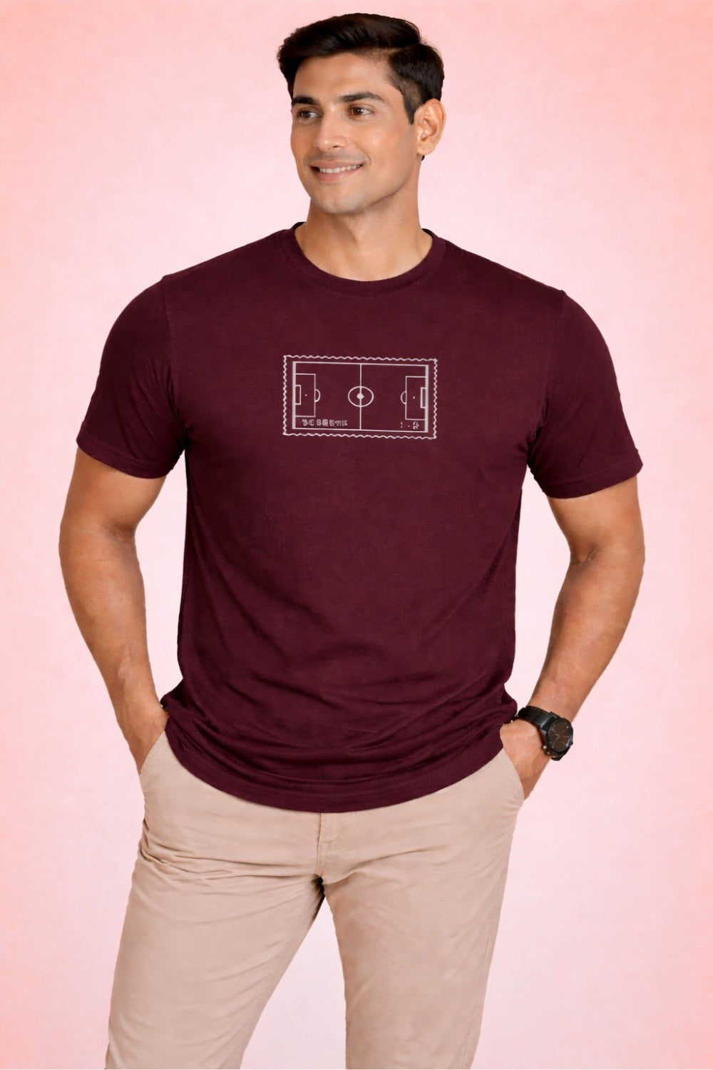 Enhance Men’s Cotton Printed T Shirt Round Neck Half Sleeve Football Graphic Casual Everyday Wear Knit Regular Fit - Maroon - TG17