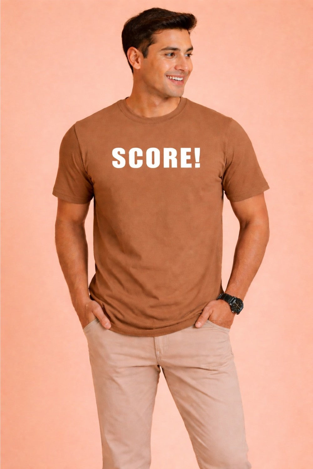 Enhance Men’s Cotton Printed T Shirt Round Neck Half Sleeve Front and Back Graphic Print Score Ball Design Casual Everyday Wear Knit Regular Fit - Brown - TG19