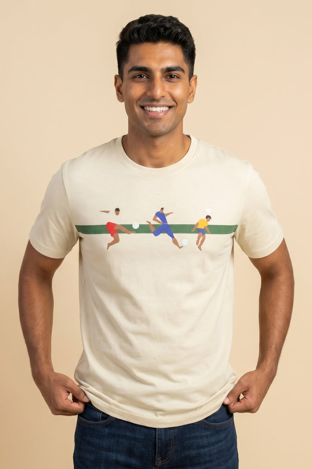 Enhance Men’s Cotton T-Shirt – Round Neck Printed T-Shirt with Football Graphic | Casual Everyday Wear T-Shirt - Cream - TG18