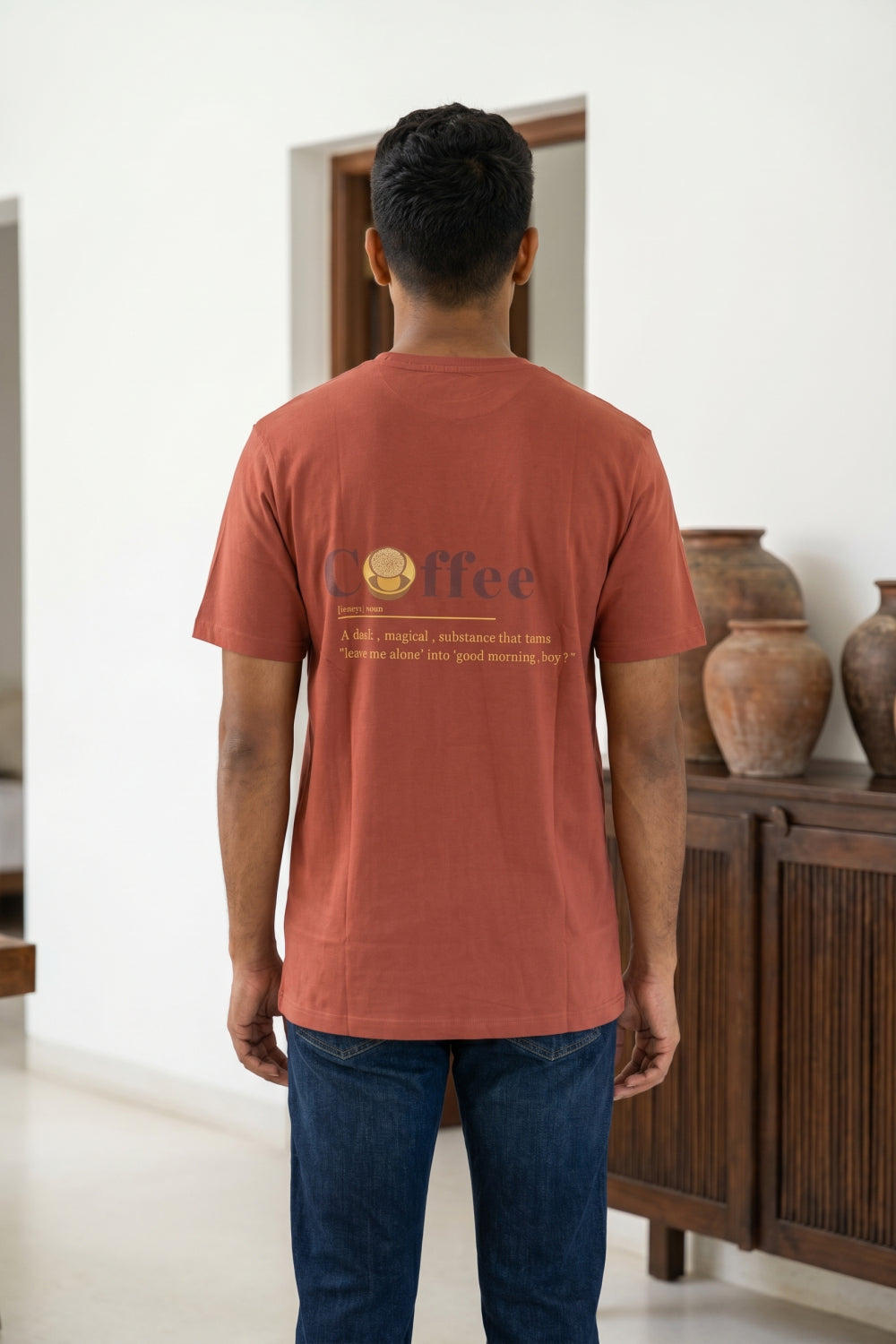 Enhance Men’s Cotton T-Shirt – Round Neck Printed T-Shirt with Front & Back Coffee Graphic | Casual Everyday Wear - Dark Orange - TG12
