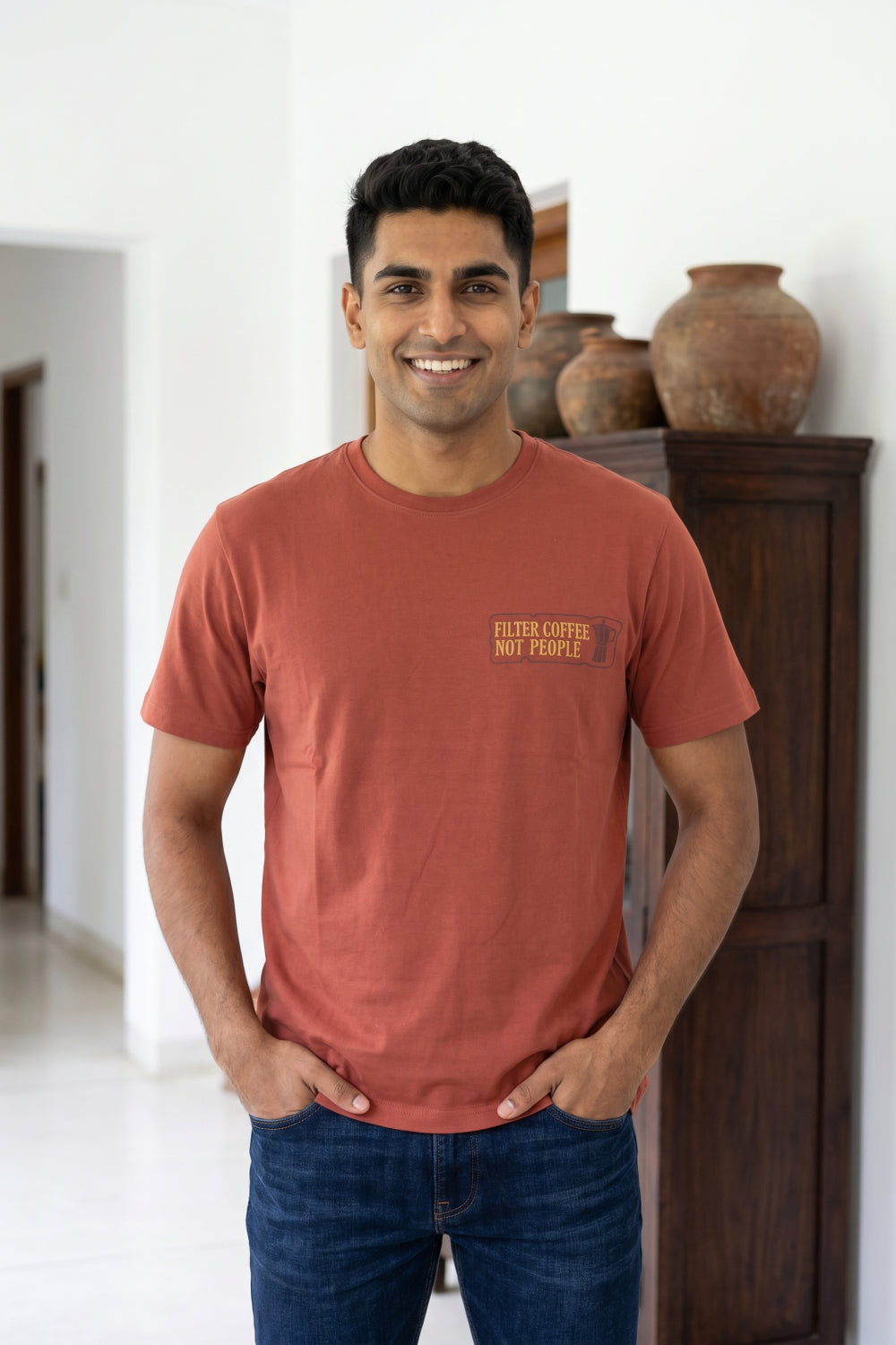 Enhance Men’s Cotton T-Shirt – Round Neck Printed T-Shirt with Front & Back Coffee Graphic | Casual Everyday Wear - Dark Orange - TG12