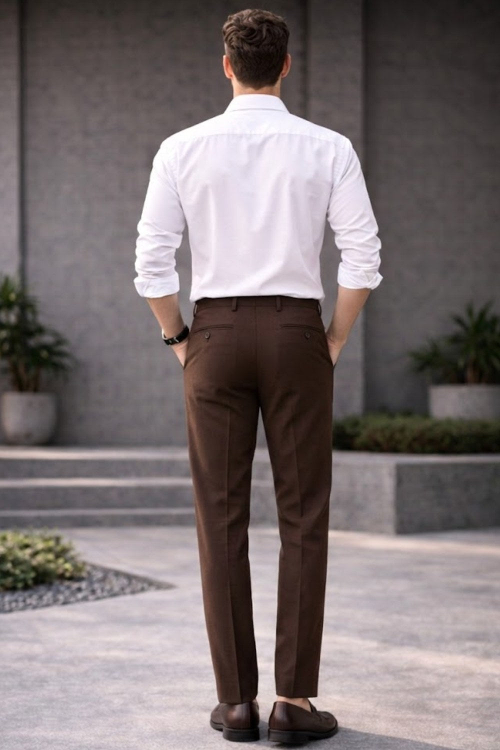 ENHANCE Men’s Cotton Stretch Formal Trousers – Regular Fit Office Wear Pants with Contrast Waistband & Coin Pocket | Classic Business Formal Pants for Men - Brown - TM06