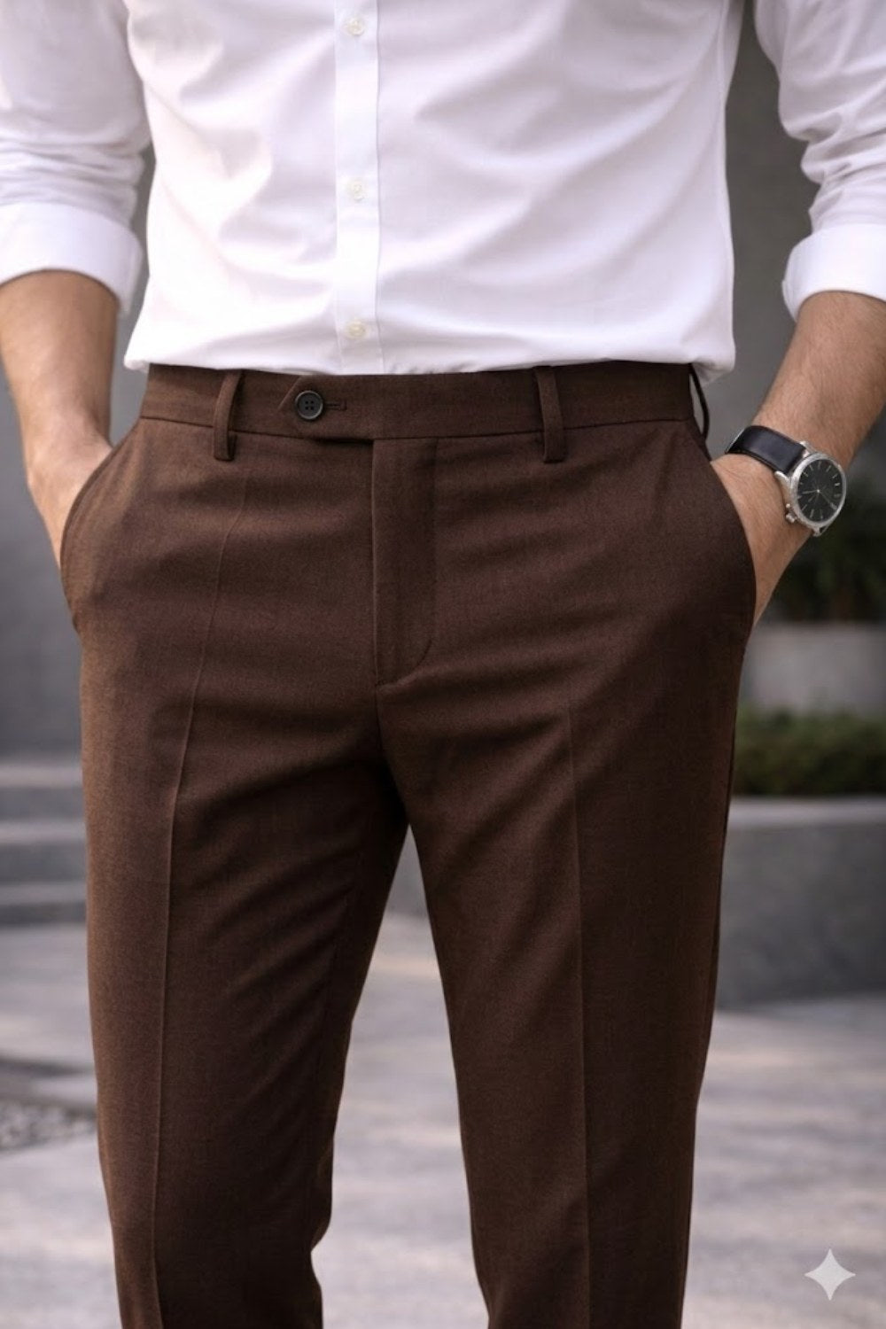 ENHANCE Men’s Cotton Stretch Formal Trousers – Regular Fit Office Wear Pants with Contrast Waistband & Coin Pocket | Classic Business Formal Pants for Men - Brown - TM06