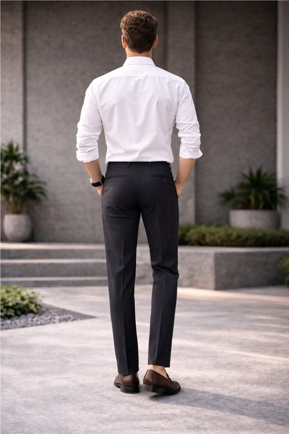 ENHANCE Men’s Cotton Stretch Formal Trousers – Regular Fit Office Wear Pants with Contrast Waistband & Coin Pocket | Classic Business Formal Pants for Men - Charcoal - TM07