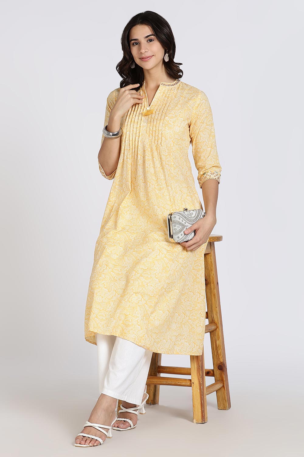 Mythri Women’s Cotton Cambric Kurthi | Flared Ethnic Wear with Pintucks, V-Slit Neck & Tassel Detail - Yellow - K806