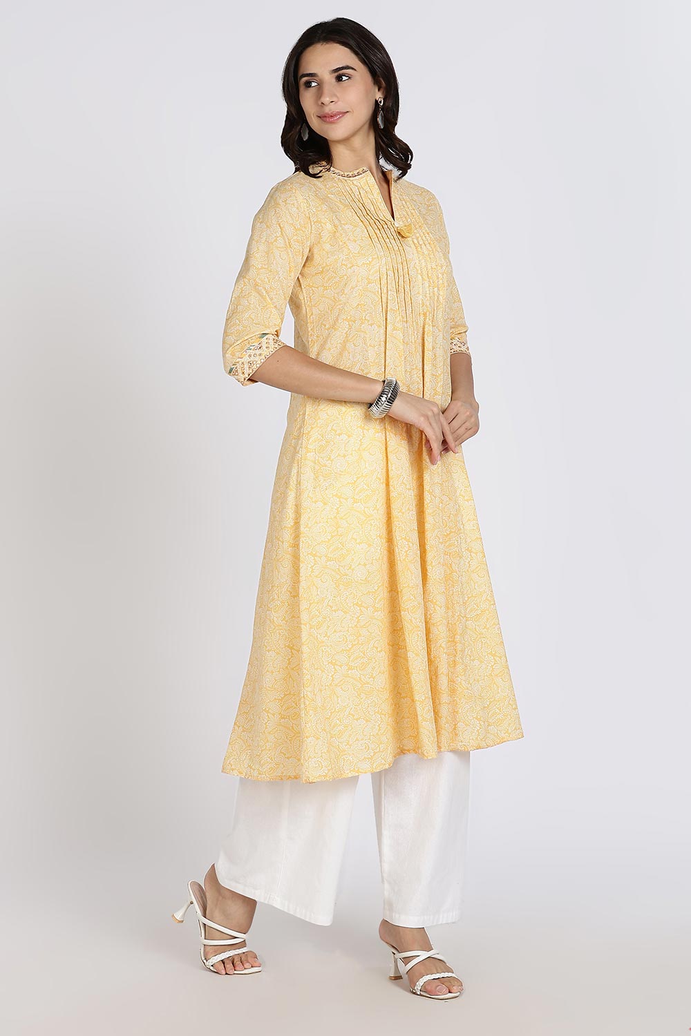 Mythri Women’s Cotton Cambric Kurthi | Flared Ethnic Wear with Pintucks, V-Slit Neck & Tassel Detail - Yellow - K806
