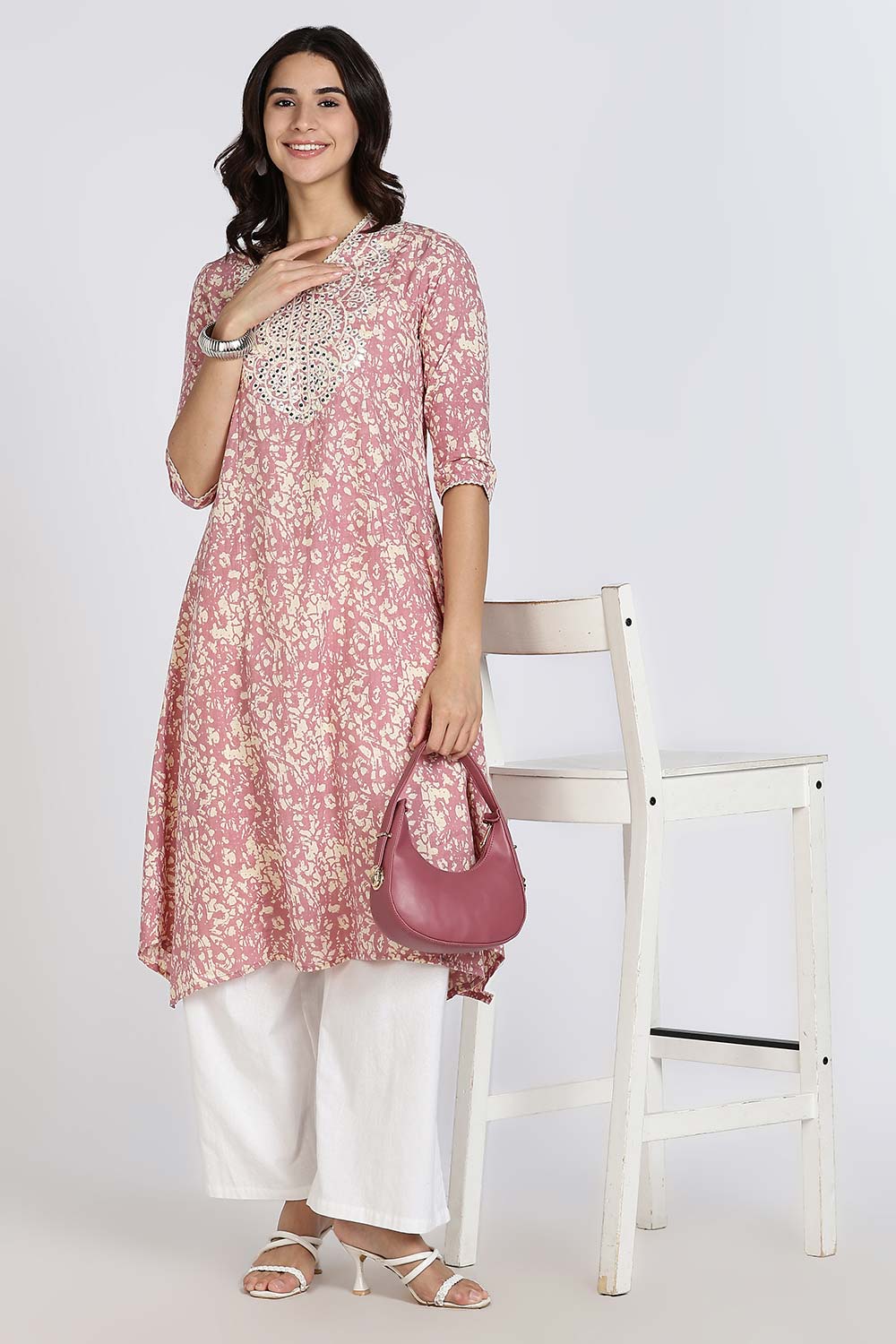 Mythri Women’s Cotton Cambric Kurthi | Flared Ethnic Wear with Embroidery, Mirror Work & Lace Detailing - Purple - K809