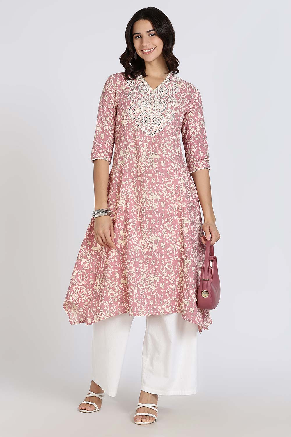 Mythri Women’s Cotton Cambric Kurthi | Flared Ethnic Wear with Embroidery, Mirror Work & Lace Detailing - Purple - K809