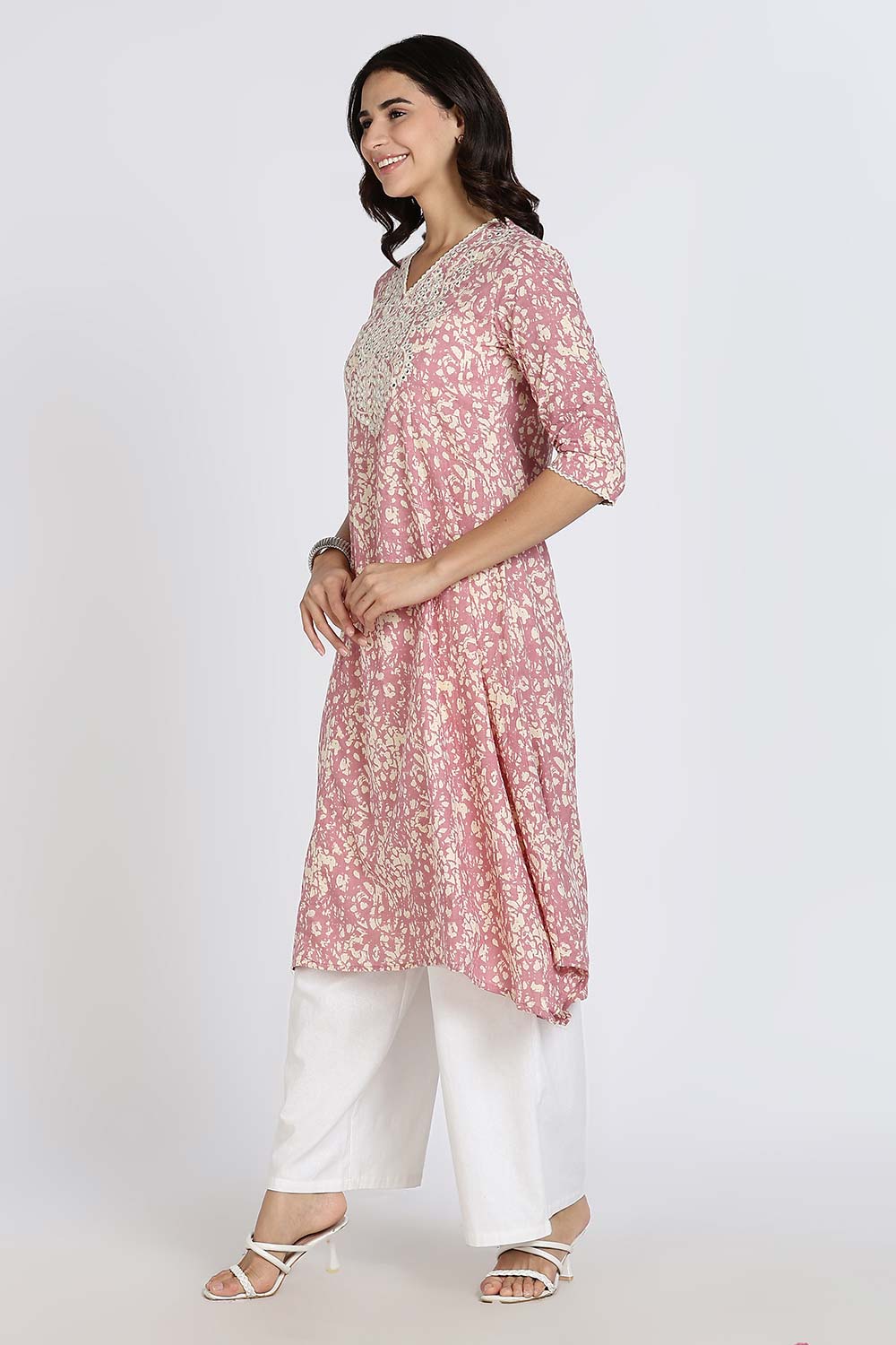 Mythri Women’s Cotton Cambric Kurthi | Flared Ethnic Wear with Embroidery, Mirror Work & Lace Detailing - Purple - K809
