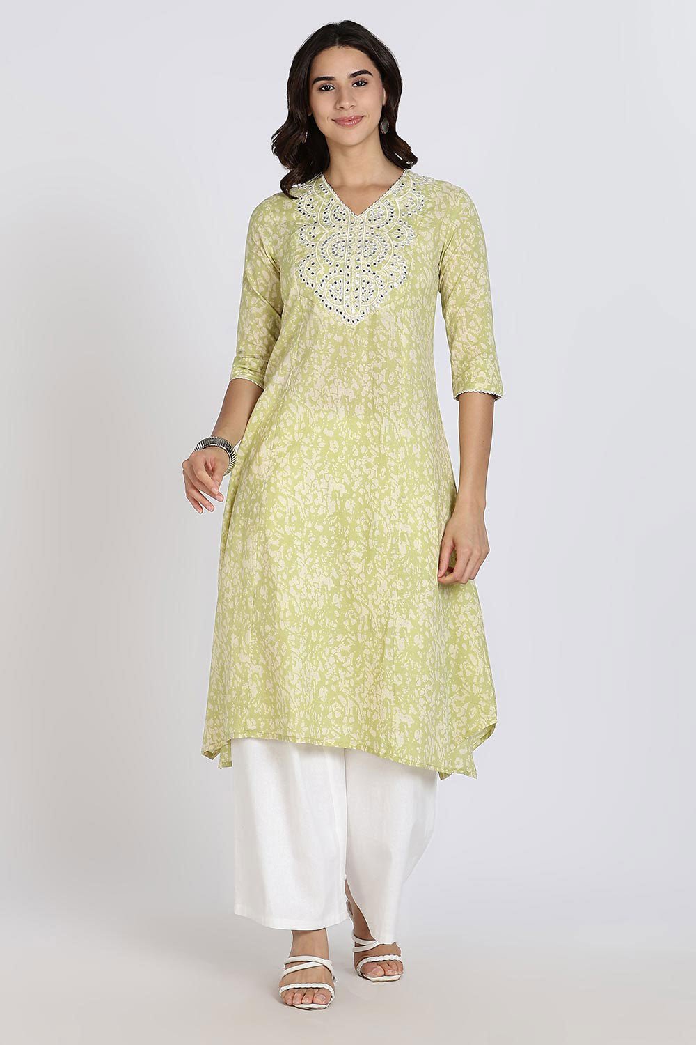 Mythri Women’s Cotton Cambric Kurthi | Flared Ethnic Wear with Embroidery, Mirror Work & Lace Detailing - Sage Green - K809