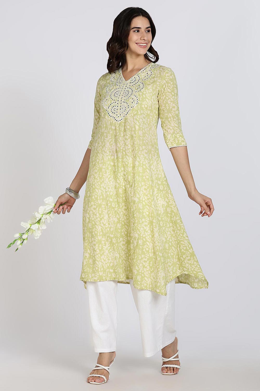 Mythri Women’s Cotton Cambric Kurthi | Flared Ethnic Wear with Embroidery, Mirror Work & Lace Detailing - Sage Green - K809