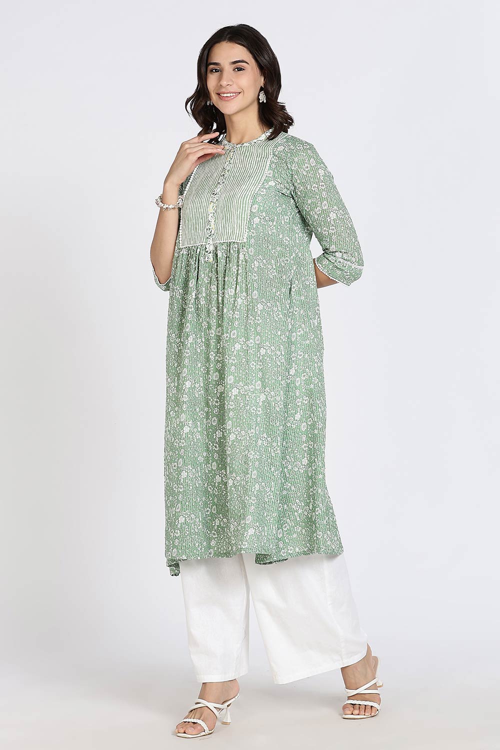 Mythri Women’s Cotton Cambric Kurthi | Flared Ethnic Wear with Pintucks, Mandarin Collar & Tassel Detail - Green - K810