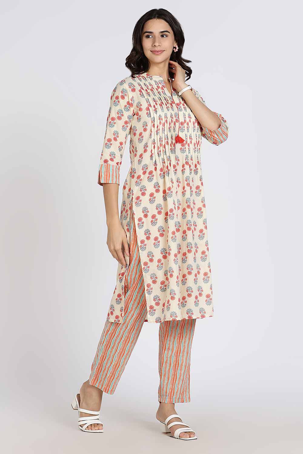 Mythri Women’s Cotton Cambric Kurthi | Flared Ethnic Wear with Pintucks, Mandarin Collar & Tassel Detail - Orange - K810