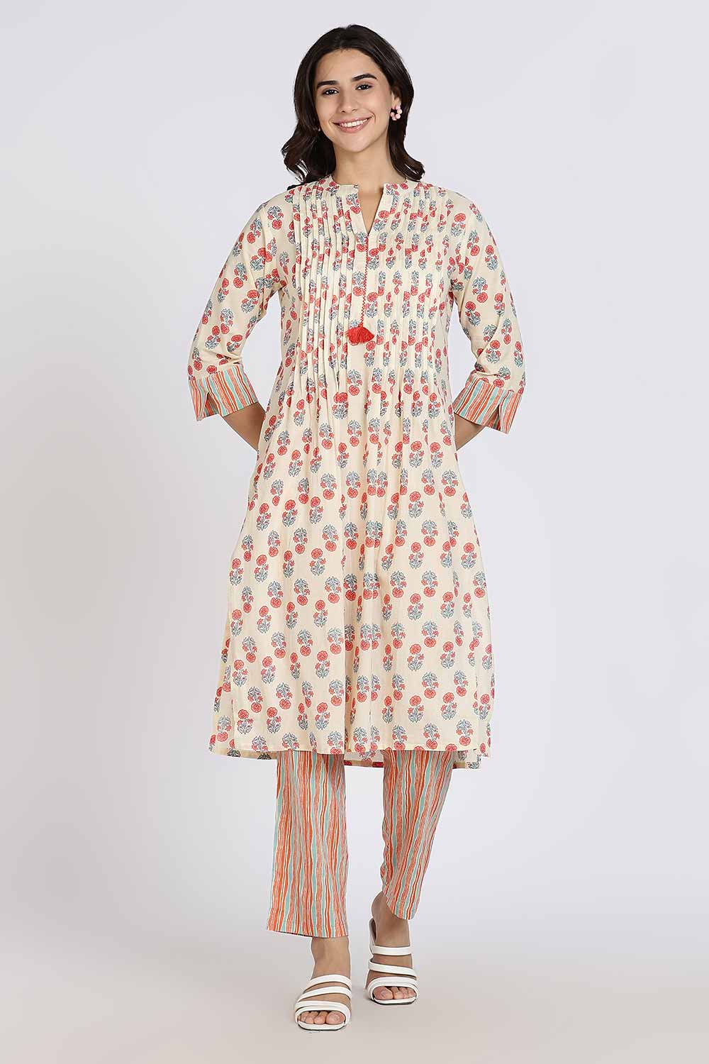 Mythri Women’s Cotton Cambric Kurthi | Flared Ethnic Wear with Pintucks, Mandarin Collar & Tassel Detail - Orange - K810