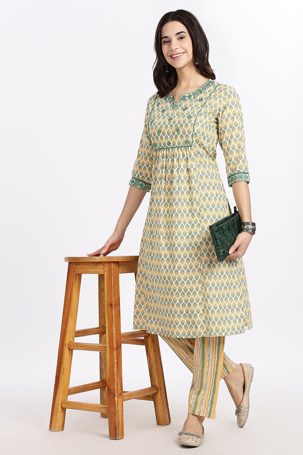 Mythri Women’s Green Printed Cotton Kurta Set with Ethnic Motif Embroidery & Striped Pants | Daily Wear Cotton Chambric Kurti Set - P805
