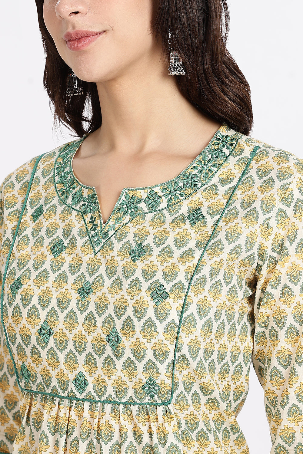 Mythri Women’s Green Printed Cotton Kurta Set with Ethnic Motif Embroidery & Striped Pants | Daily Wear Cotton Chambric Kurti Set - P805