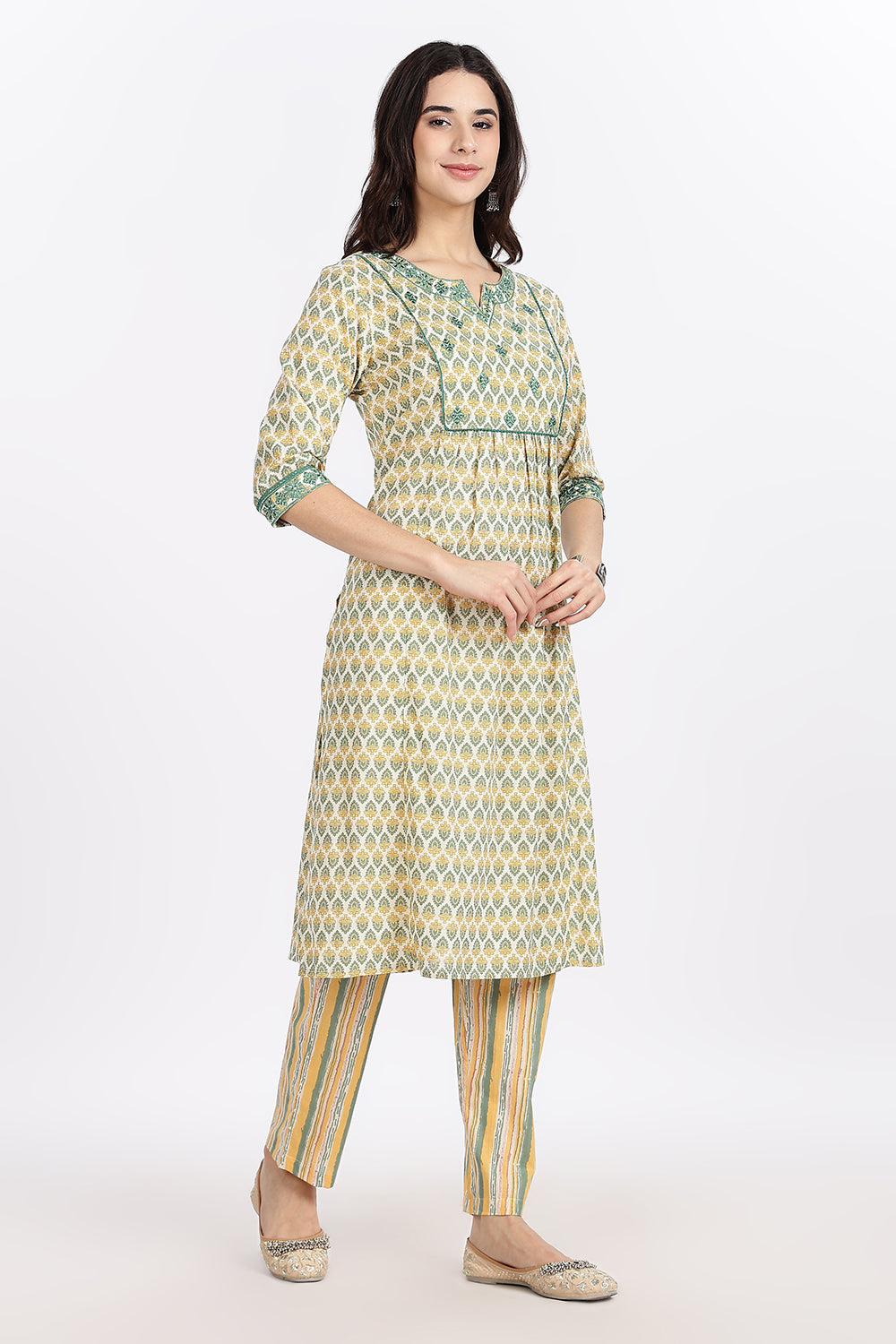 Mythri Women’s Green Printed Cotton Kurta Set with Ethnic Motif Embroidery & Striped Pants | Daily Wear Cotton Chambric Kurti Set - P805