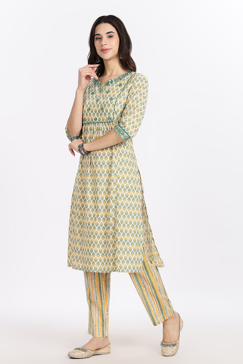 Mythri Women’s Green Printed Cotton Kurta Set with Ethnic Motif Embroidery & Striped Pants | Daily Wear Cotton Chambric Kurti Set - P805