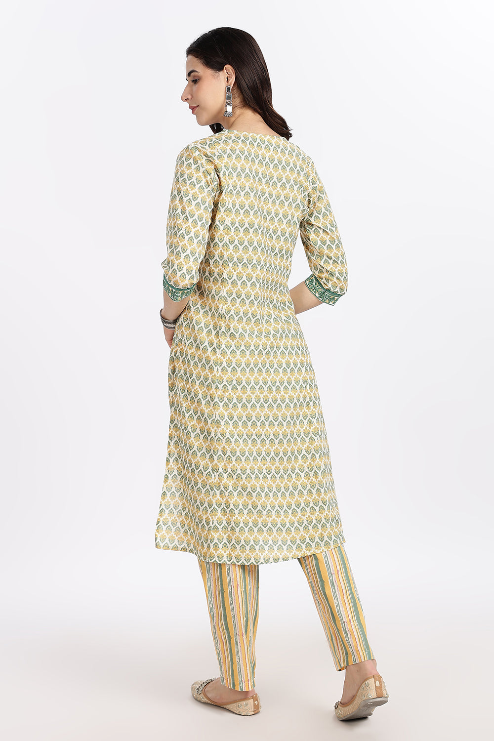 Mythri Women’s Green Printed Cotton Kurta Set with Ethnic Motif Embroidery & Striped Pants | Daily Wear Cotton Chambric Kurti Set - P805