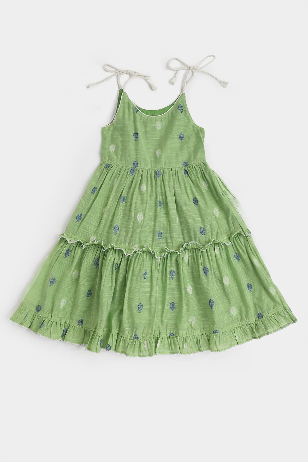 Chittythalli Girls Handloom Cotton Blend Frock – Layered Ruffle Ethnic Dress with Shoulder Tie Tassels | Knee Length Toddler Dress - FR24