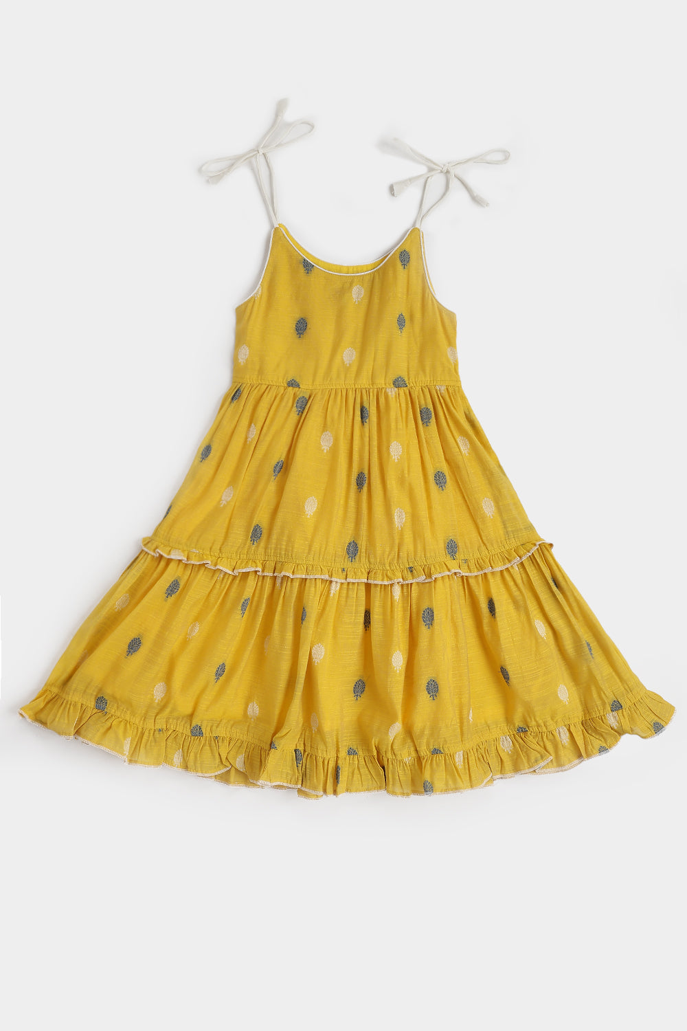 Chittythalli Girls Handloom Cotton Blend Frock – Layered Ruffle Ethnic Dress with Shoulder Tie Tassels | Knee Length Toddler Dress - FR24