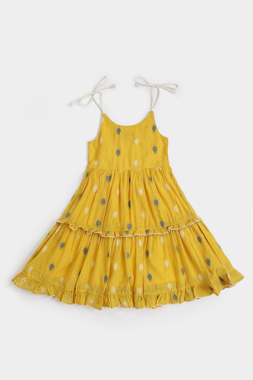 Chittythalli Girls Handloom Cotton Blend Frock – Layered Ruffle Ethnic Dress with Shoulder Tie Tassels | Knee Length Toddler Dress - FR24