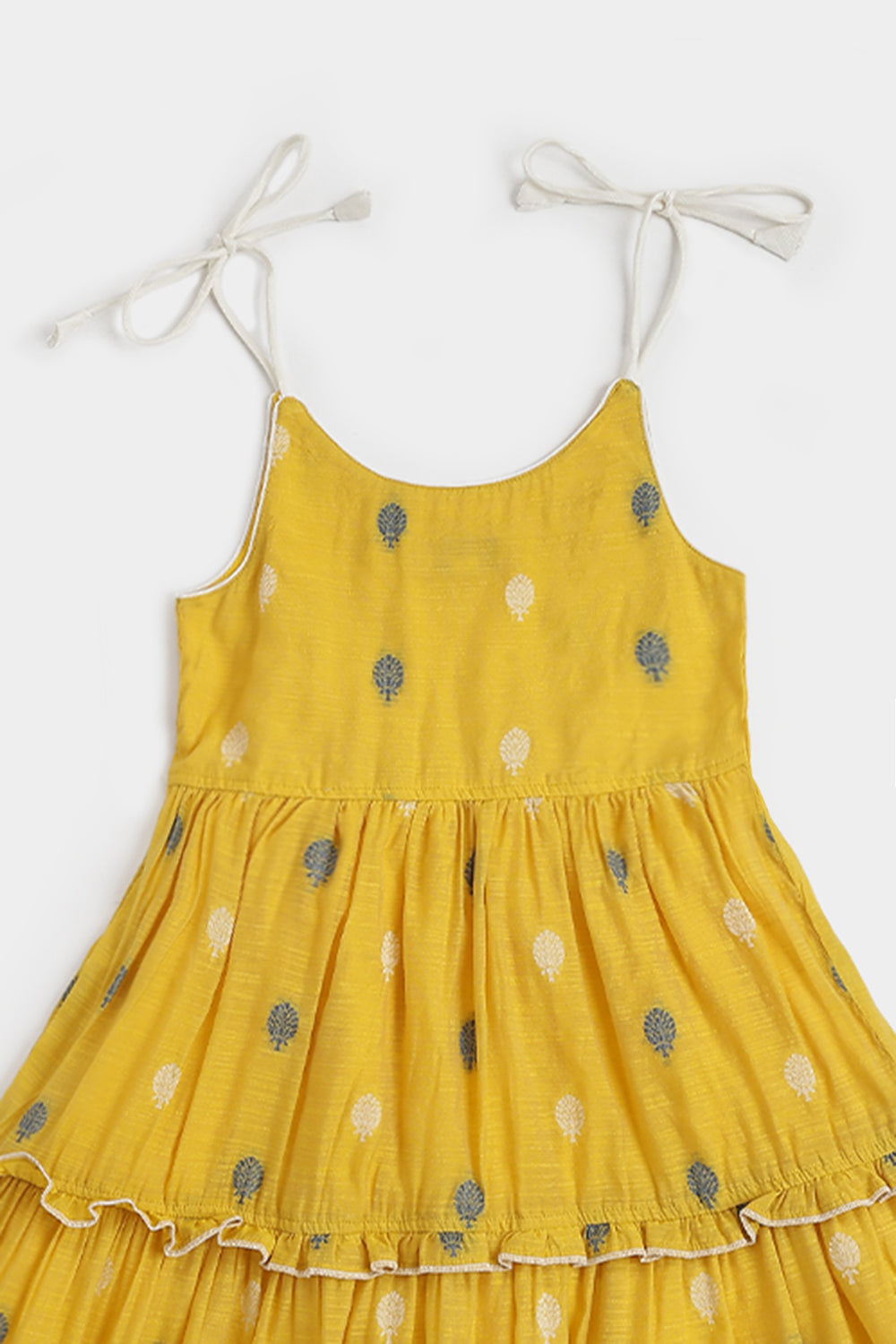 Chittythalli Girls Handloom Cotton Blend Frock – Layered Ruffle Ethnic Dress with Shoulder Tie Tassels | Knee Length Toddler Dress - FR24