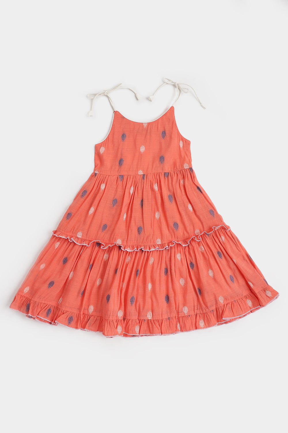 Chittythalli Girls Handloom Cotton Blend Frock – Layered Ruffle Ethnic Dress with Shoulder Tie Tassels | Knee Length Toddler Dress - FR24