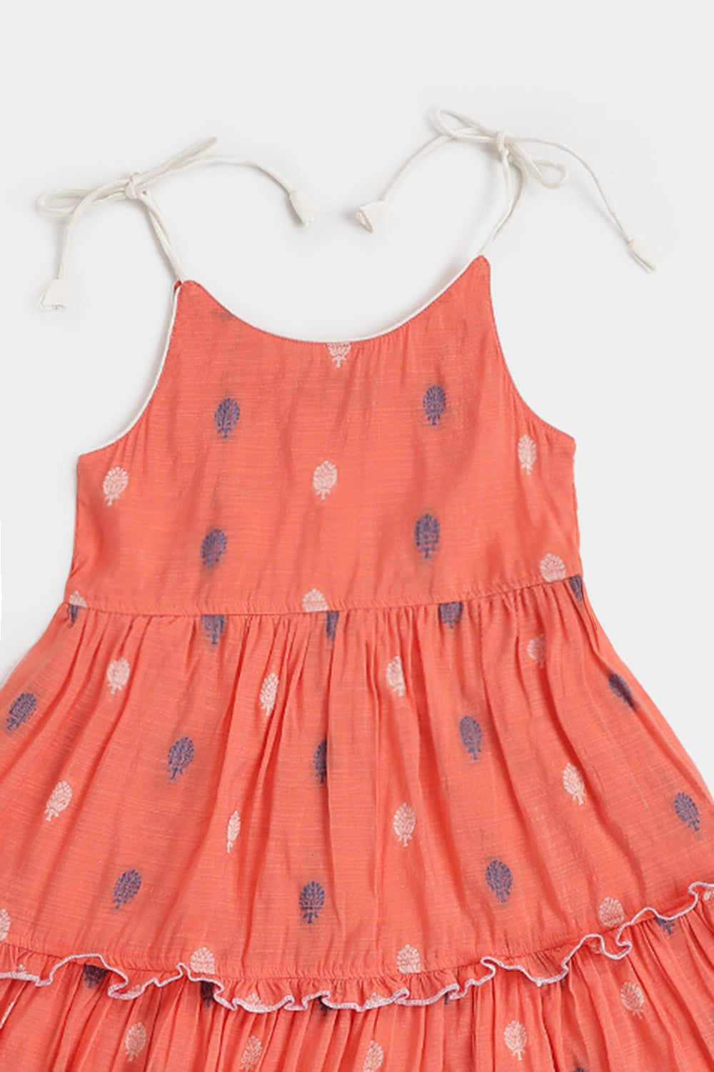 Chittythalli Girls Handloom Cotton Blend Frock – Layered Ruffle Ethnic Dress with Shoulder Tie Tassels | Knee Length Toddler Dress - FR24