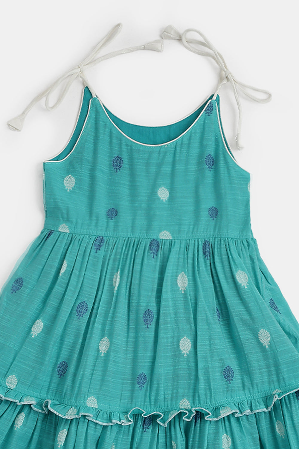 Chittythalli Girls Handloom Cotton Blend Frock – Layered Ruffle Ethnic Dress with Shoulder Tie Tassels | Knee Length Toddler Dress - FR24