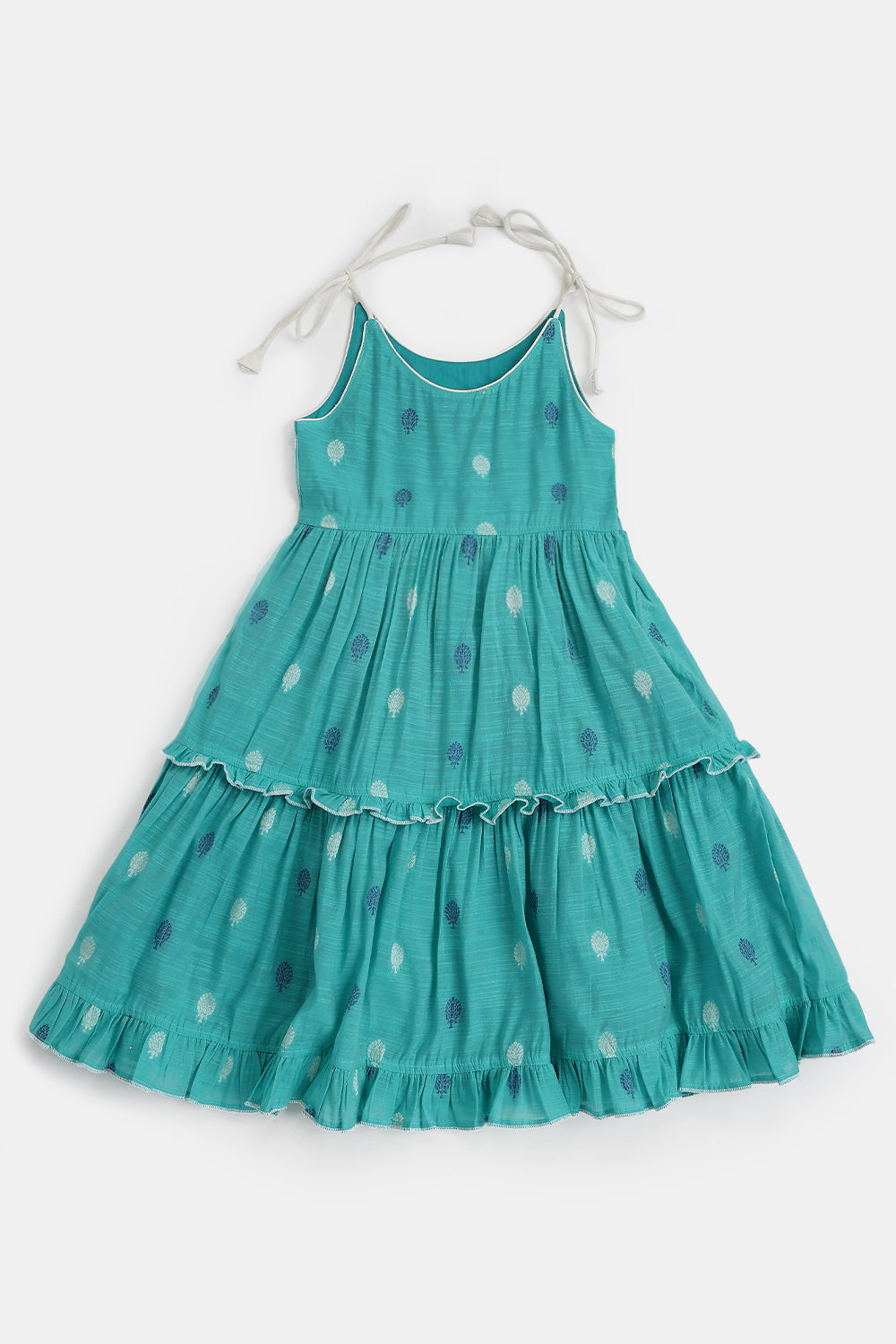 Chittythalli Girls Handloom Cotton Blend Frock – Layered Ruffle Ethnic Dress with Shoulder Tie Tassels | Knee Length Toddler Dress - FR24