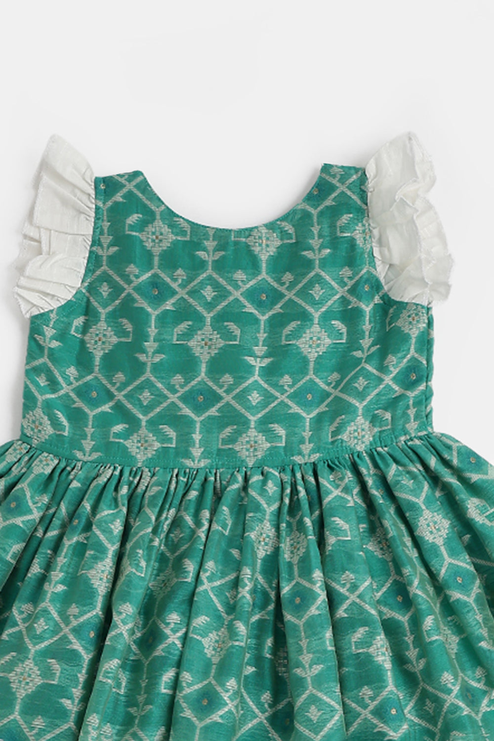 Chittythalli Girls Ethnic Frock – Jamdhani Chanderi Cotton Slub Knee Length Dress with Ruffle Sleeves & Front Open | Traditional Wear for Toddlers - FR29