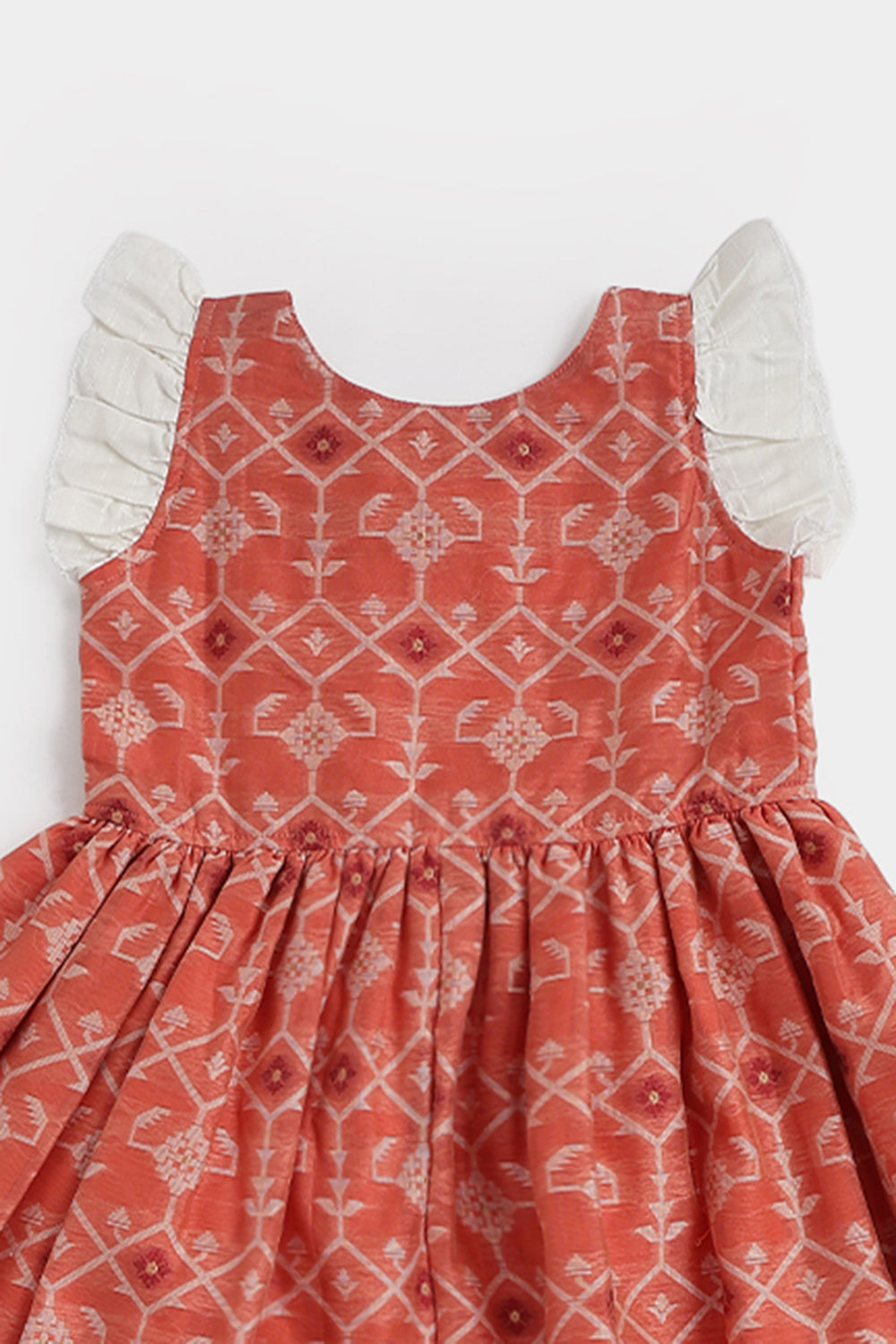 Chittythalli Girls Ethnic Frock – Jamdhani Chanderi Cotton Slub Knee Length Dress with Ruffle Sleeves & Front Open | Traditional Wear for Toddlers - FR29