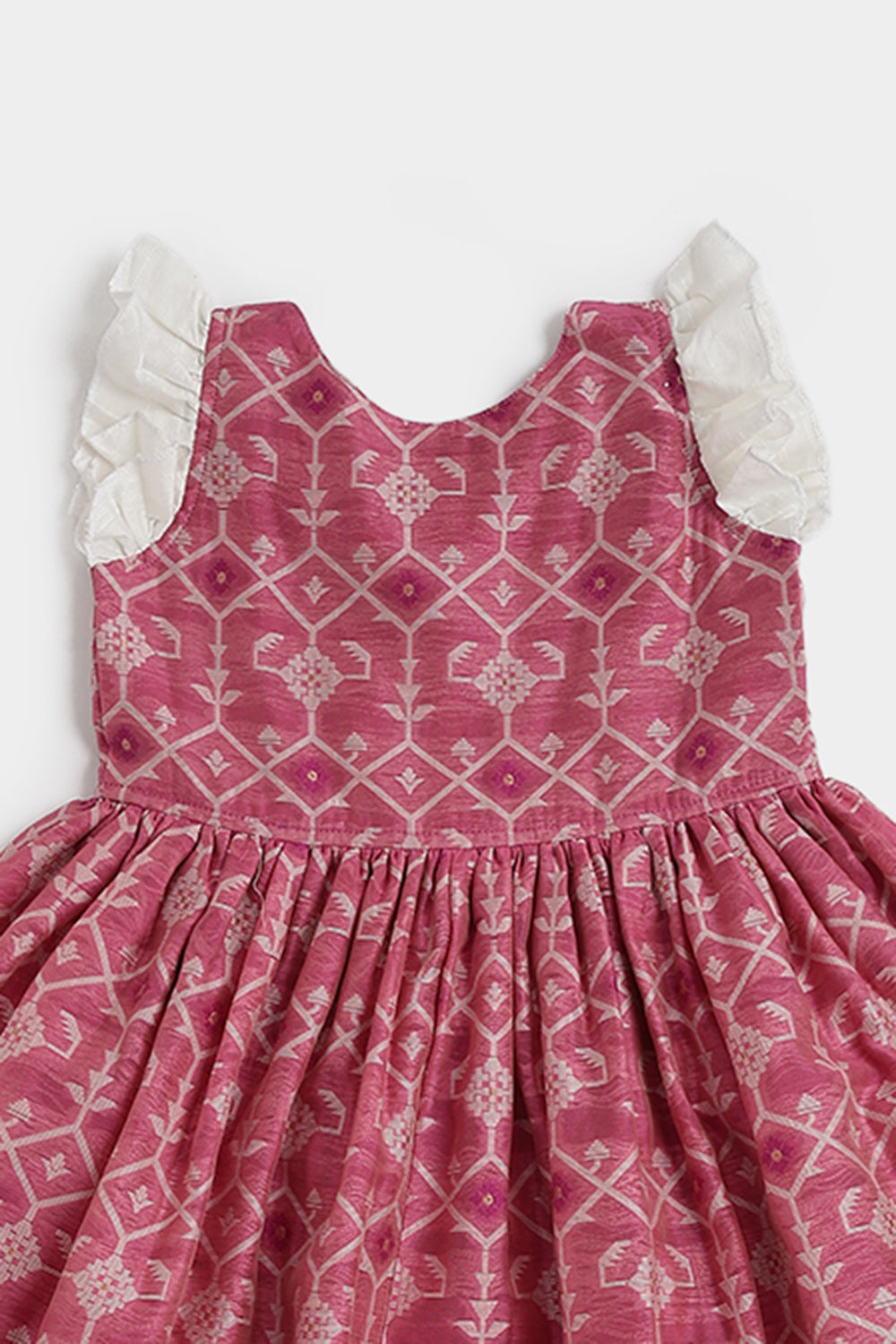 Chittythalli Girls Ethnic Frock – Jamdhani Chanderi Cotton Slub Knee Length Dress with Ruffle Sleeves & Front Open | Traditional Wear for Toddlers - FR29