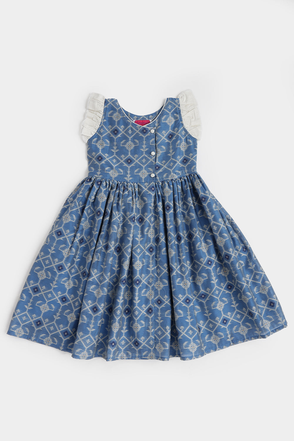 Chittythalli Girls Ethnic Frock – Jamdhani Chanderi Cotton Slub Knee Length Dress with Ruffle Sleeves & Front Open | Traditional Wear for Toddlers - FR29