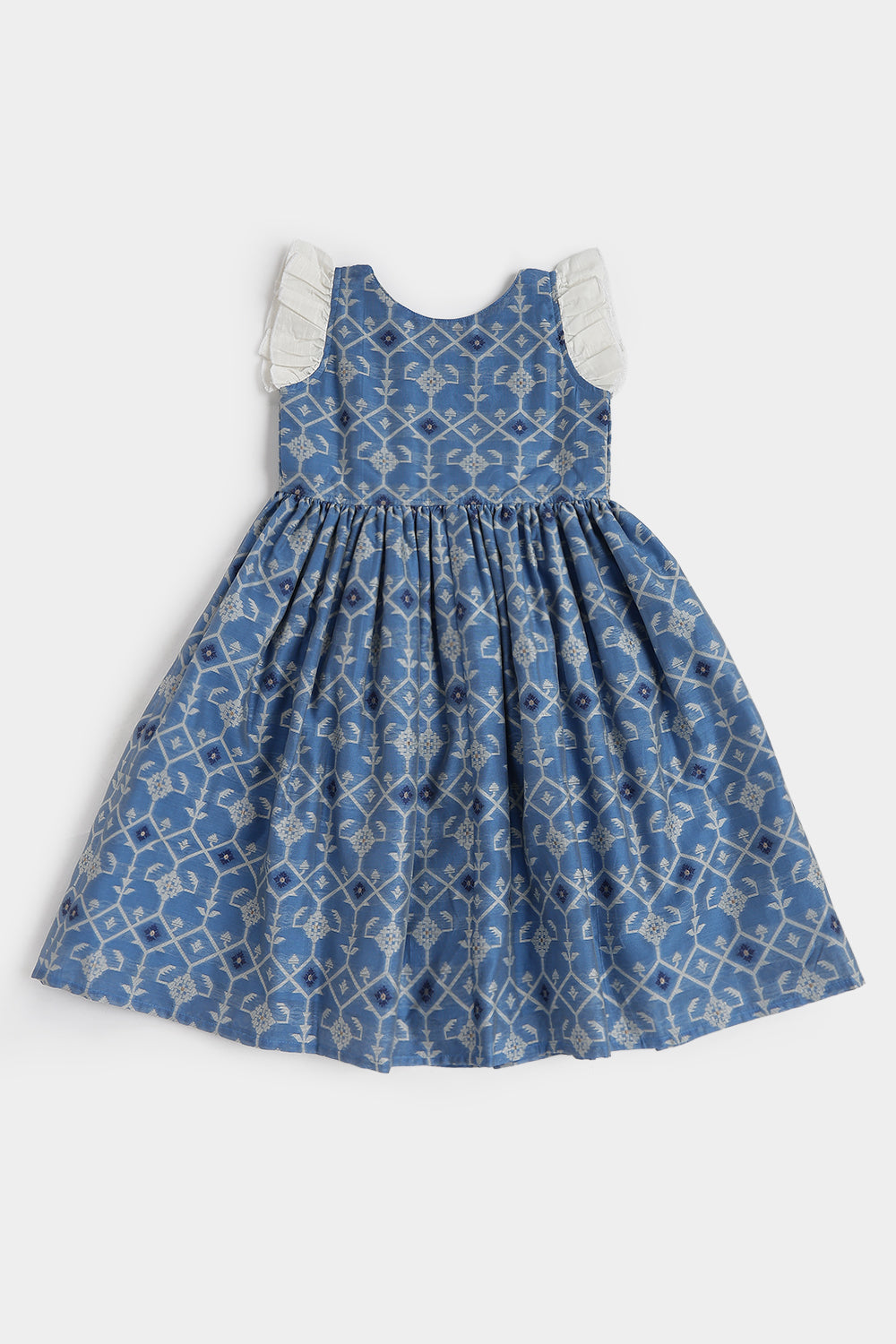 Chittythalli Girls Ethnic Frock – Jamdhani Chanderi Cotton Slub Knee Length Dress with Ruffle Sleeves & Front Open | Traditional Wear for Toddlers - FR29