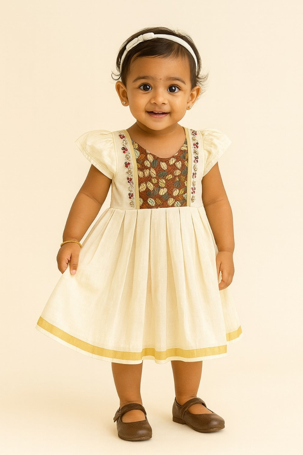 Chittythalli Girls’ Asymmetric Neck Pavadai Set – Brocade Skirt & Cotton Top - Off White - FR42