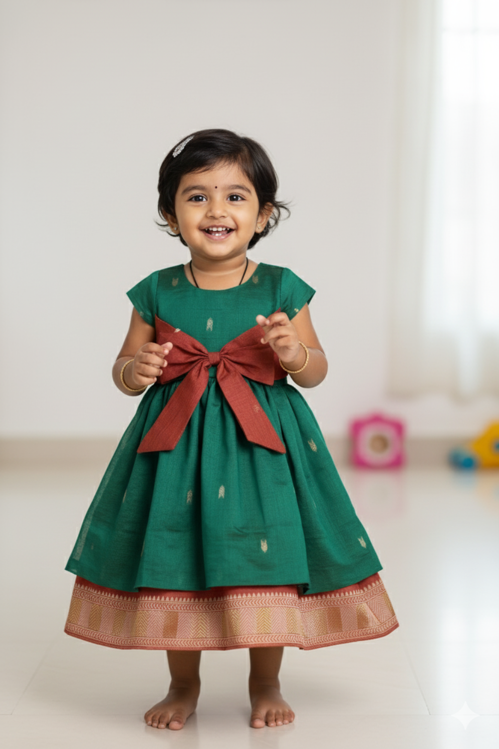 Chittythalli Girls’ Ethnic Chanderi Balloon Skirt Frock with Bow Knot and Gold Button Details | Traditional Festive Dress for Girls - FR44