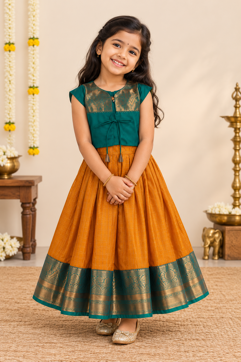 Chittythali Girls Semi Silk Ethnic Frock with Detachable Coat | Zardosi Embroidered Traditional Festive Dress - FR62