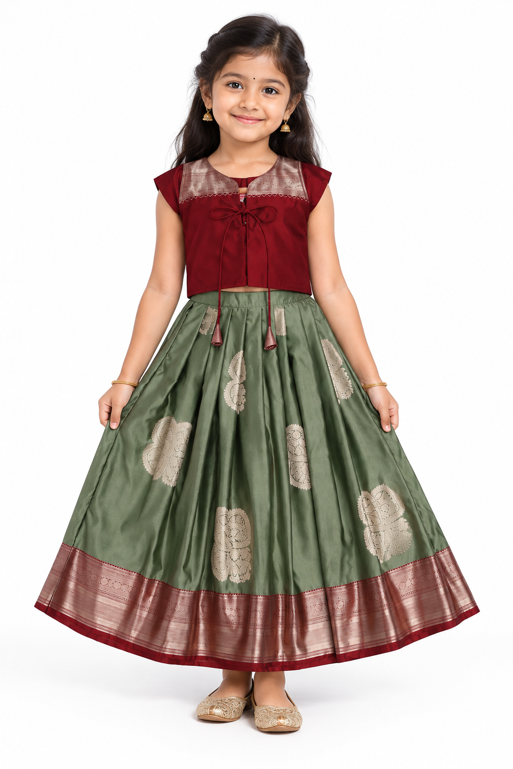 Chittythali Girls Semi Silk Ethnic Frock with Detachable Coat | Zardosi Embroidered Traditional Festive Dress - FR62